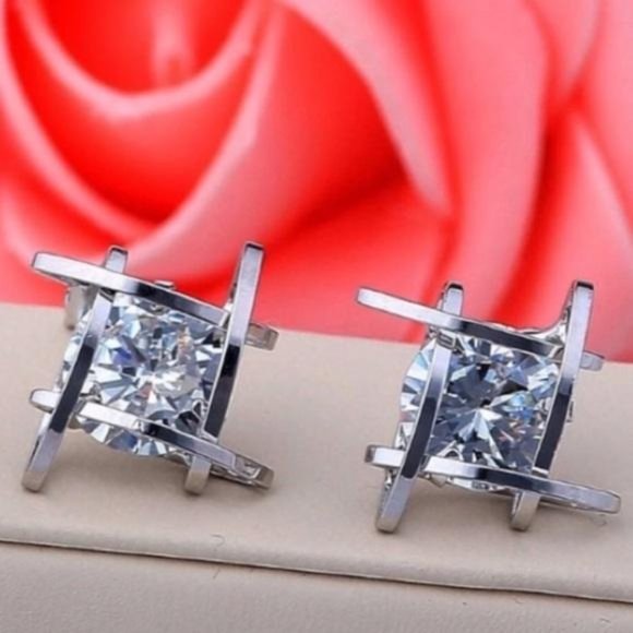 Jewelry - NEW STERLING SILVER 3D CAGE DIAMOND STUD EARRINGS